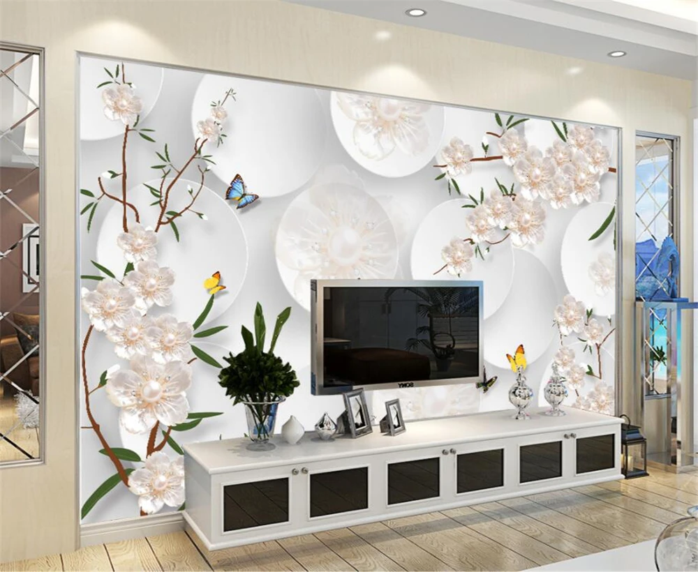 

beibehang Large Custom Wallpapers Fresh and Simple 3D Stereo White Pearls Peach Blossom Backdrop Decoration