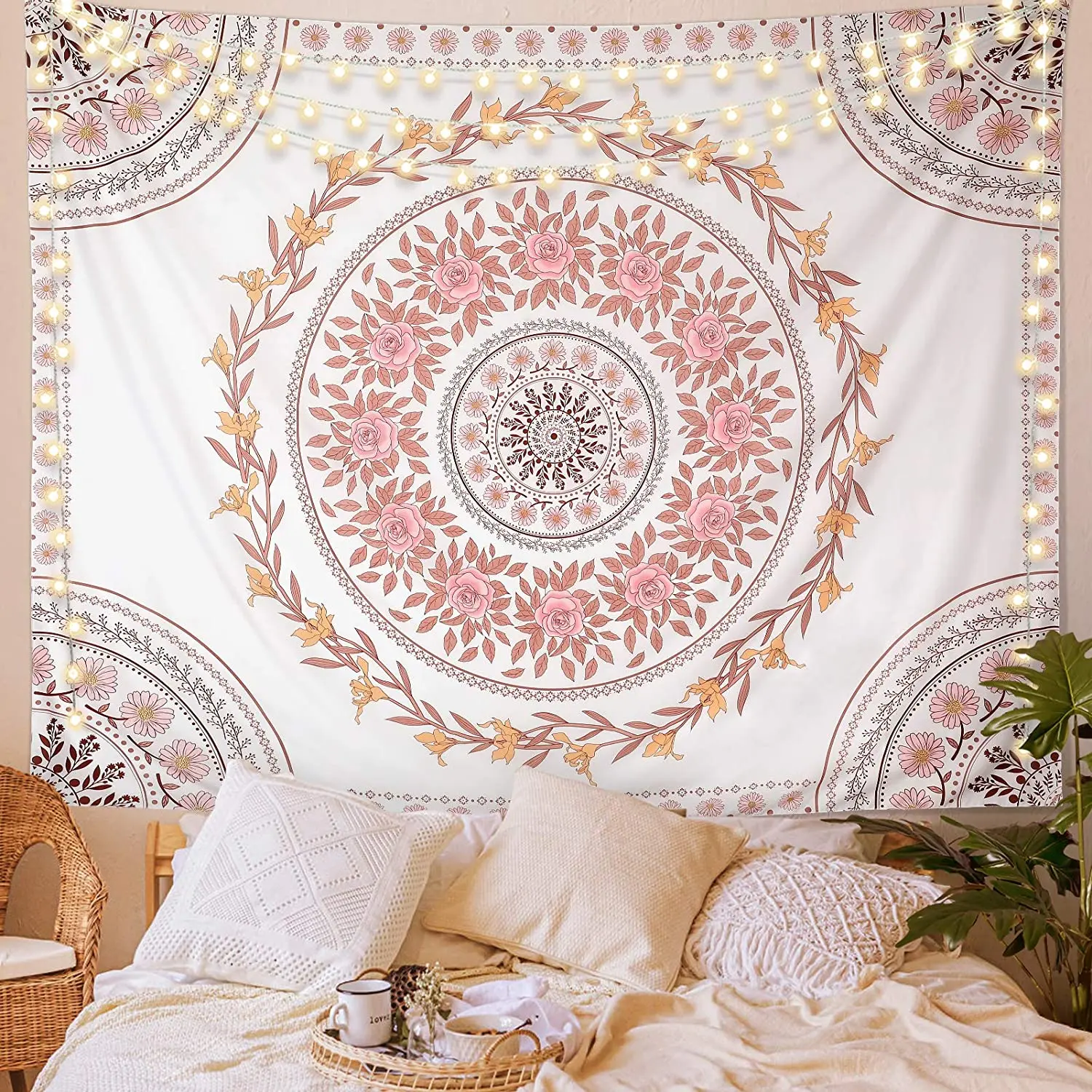 Mandala Tapestry Wall Hanging, Sketched Floral Medallion Tapestry,Indian Art Print Mural for Bedroom Living Room Dorm Home