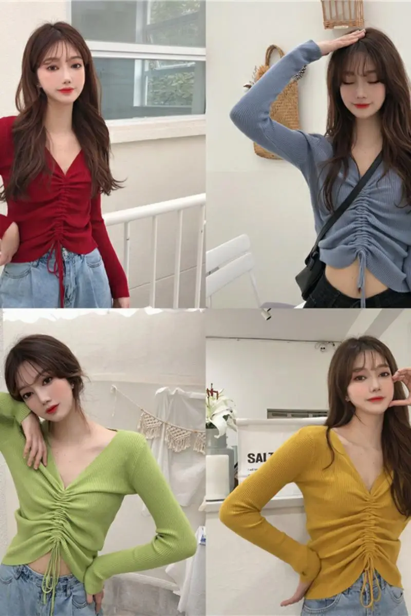 

Autumn Slim Fit V Neck Women T-shirt Drawstring Top Pullover Short Long Sleeve Knitwear Female Bottoming Tees Solid Color Tshirt