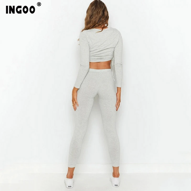 

INGOO Autumn Long Sleeve Crop Top Pants Set Women Drawstring Ruched O Neck Solid Slim Bottom Suit Tracksuit Two Pieces Sets