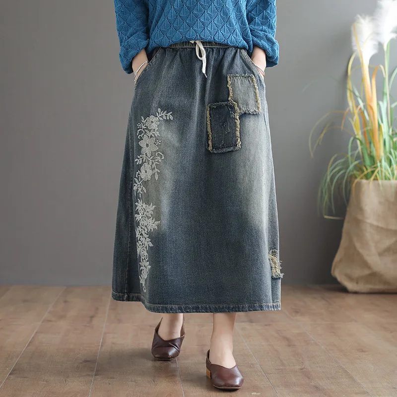 Осенняя Юбка Ретро Женская эластичная талия свободная джинсовая юбка 2019 Новая