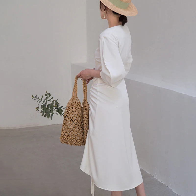 GALCAUR Drawstring Ruched женские платья три четверти рукав с высокой талией Асимметричные осенние платья Женская мода одежда