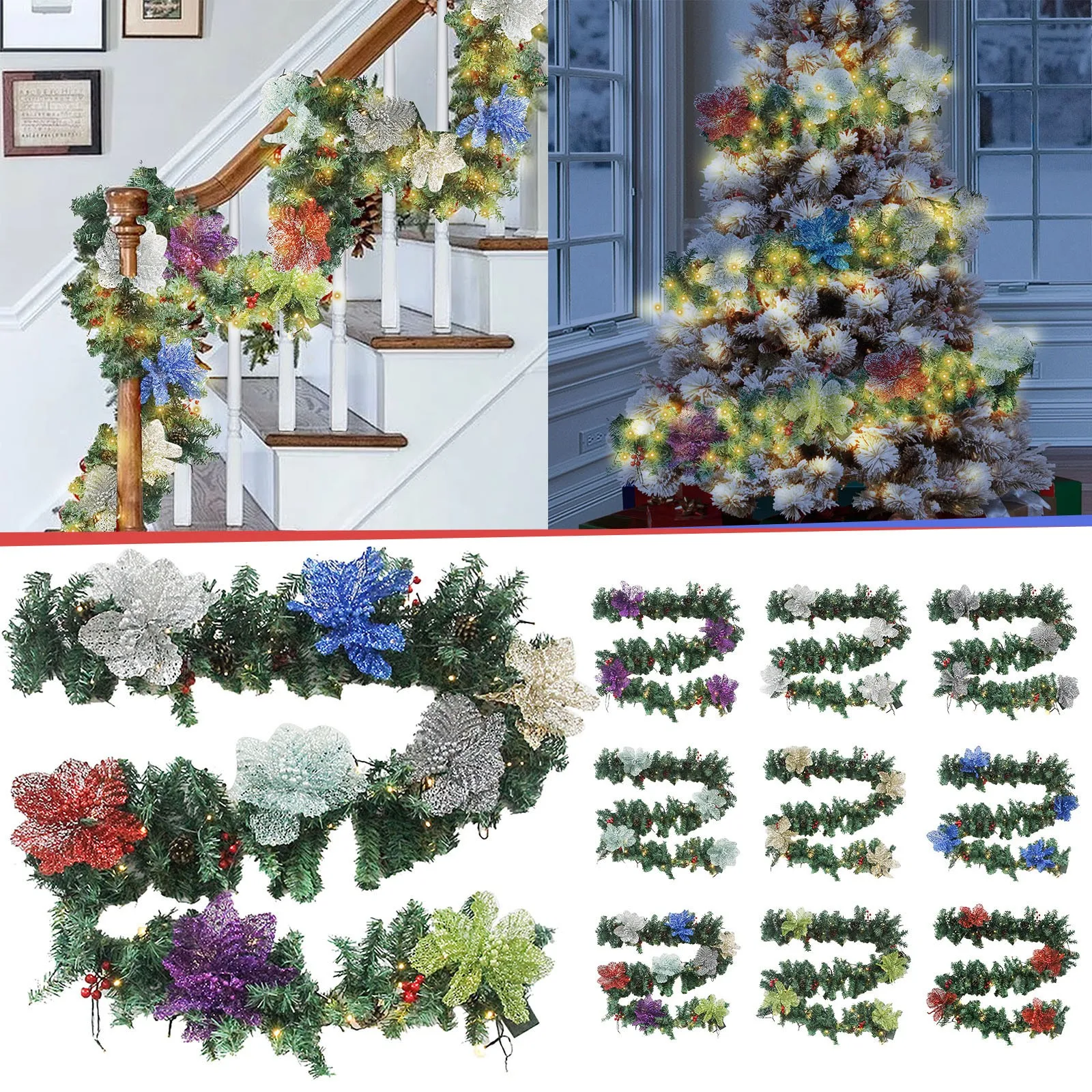 

2.7m Glowing Christmas Rattan Decor Artificial Flower Vine Christmas Wreath LED Lights String Tree Stair Railing Decoration Noel