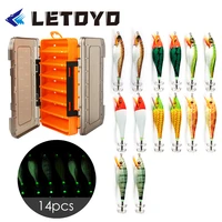letoyo 14pcsbox more cheaper quality 10g squid lure with fishing box luminous wood shrimp jigs hook artificial bait plastic box