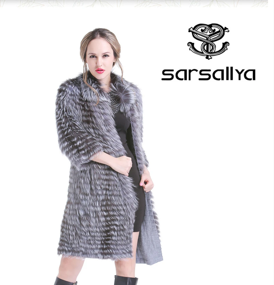 Sarsallya новые зимние Для женщин Настоящее Silver Fox Мех Пальто и пуховики модные Меховая куртка в полоску Стиль пальто Для женщин лиса Мех верхняя одежда