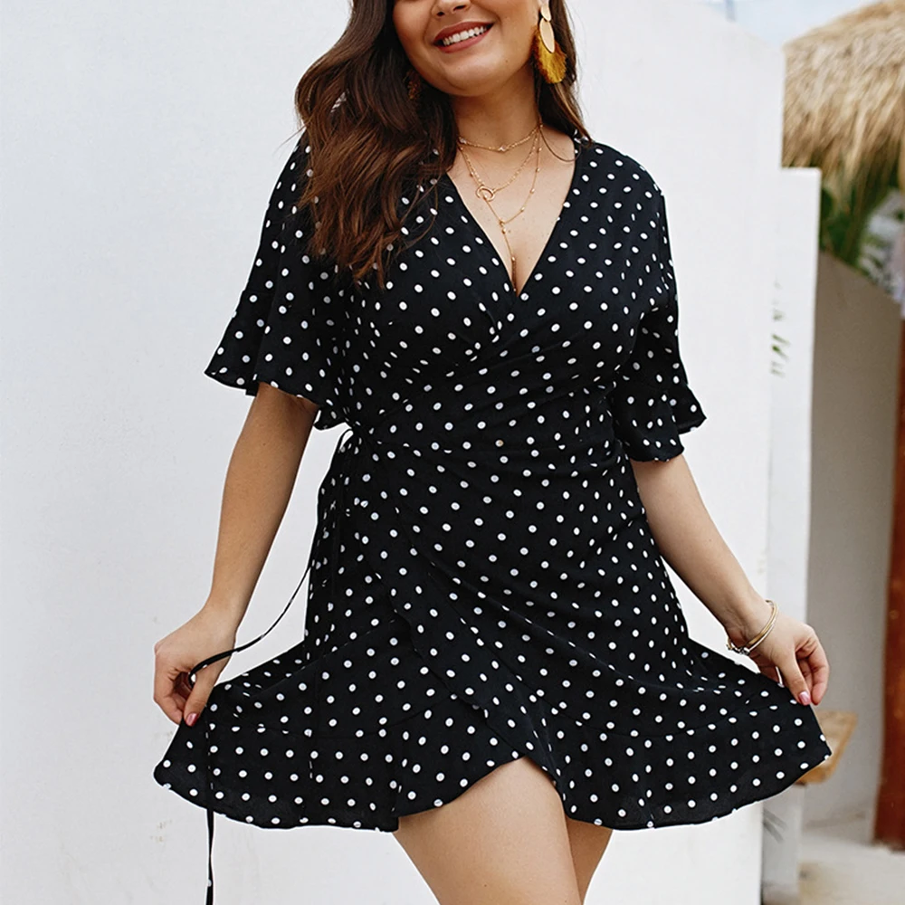 Женское винтажное платье в горошек мини большого размера с коротким