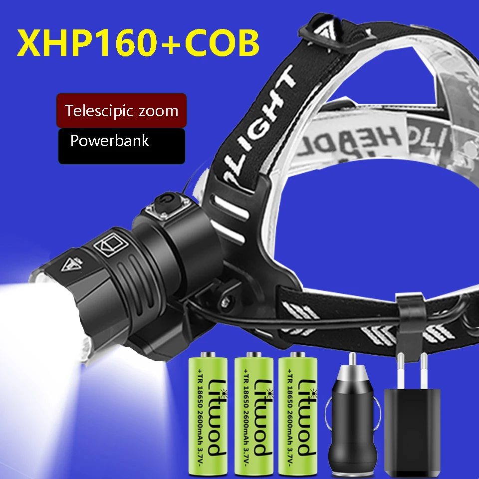Светодиодный налобный фонарь XHP160 Power ful водонепроницаемый регулируемый с