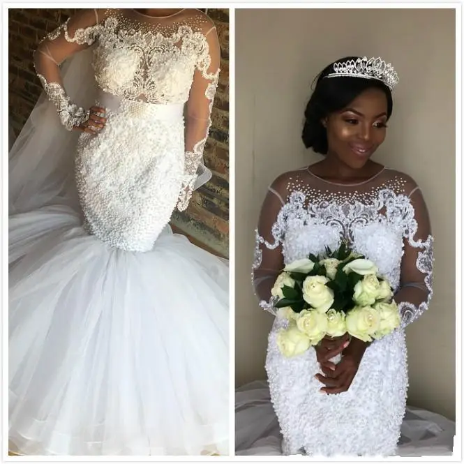 

Luxury Mermaid Wedding Dresses Sheer Neck Beaded Crystal Lace Appliques Arabic Long Sleeves Overskirts Plus Size Formal Dresses