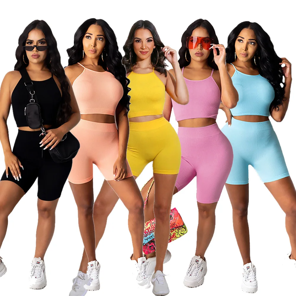

Sexy Knit Shorts Casual 2 Piece Set Women Clothing Summer Spring Tracksuit Sleeveless Crop Top and Short Pants Knitted Outfits