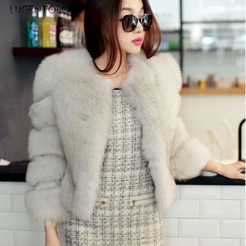 

Lugentolo Korean Faux Fur Women Autumn Winter Long Sleeve Solid Elegant Coat Female Slim Casual Warm Fashion Faux Fur