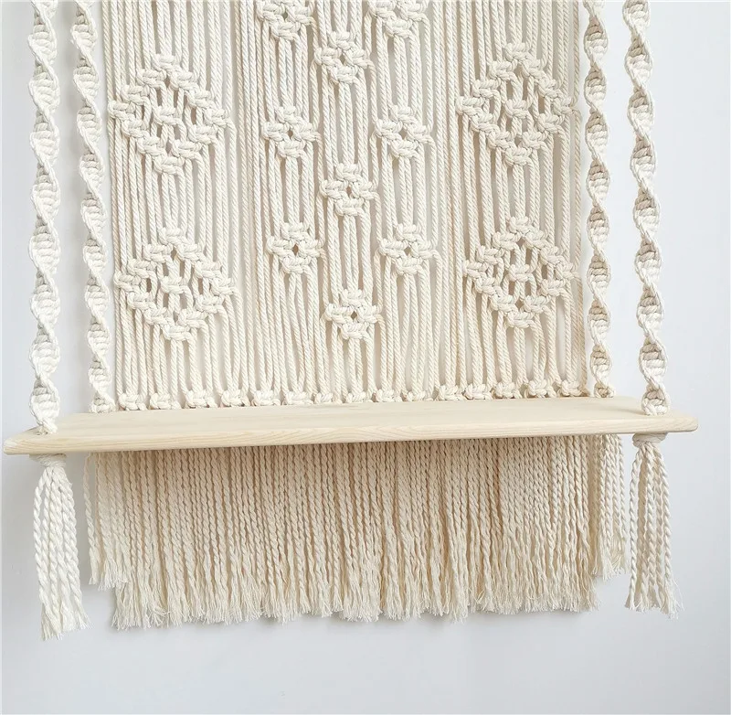 

Bohemian Hand-Woven Macrame Wall Hanging Rope Shelf Indoor Plant Wooden Rack Stand Bohemian Macrame Tapestry Home Decor Ornament