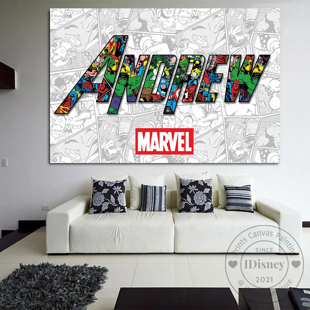 Персонализированный плакат с именем супергероя Marvel в подарок на день рождения для любителей комиксов, печать на холсте, декор для комнаты, картины Куадрос он.