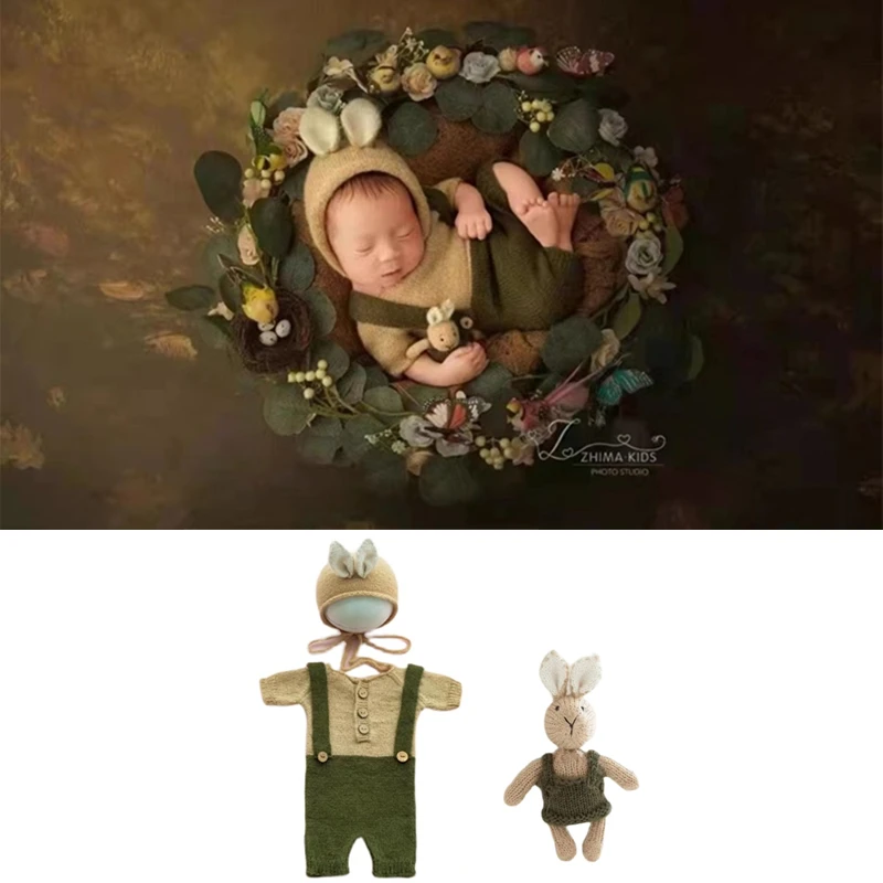 Newborn Photography Clothing Rabbit Hat+Jumpsuit+Doll 3Pcs/set Studio Baby Photo Props Accessories Newborn Shoot Bunny Clothes