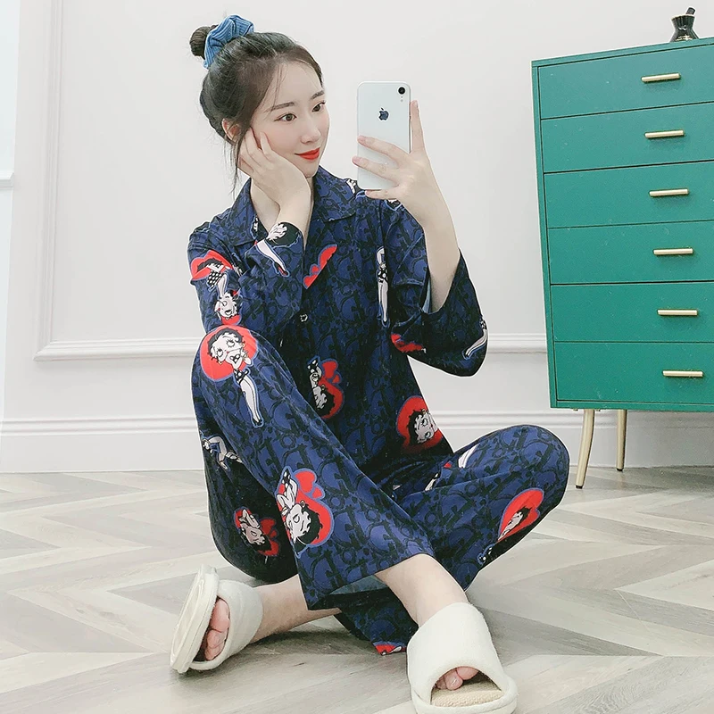 

2021 New Women Satin Pyjama Pajama Set Long Sleeve Casual Sleepwear Nightwear Comfortable Cartoon Loungewear Home Silk Underwear