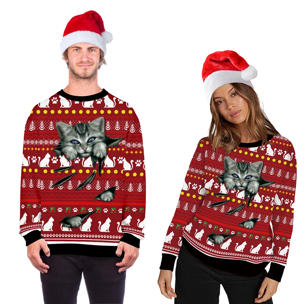 

Oversized Mans Christmas Sweater Funny Cartoon Cute Cat Animal Print Unisex Sweatshirts Ugly Jumper Woman Man Xmas Pullovers Top