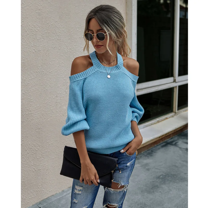 

Autumn new women solid color Off Shoulder Backless sexy knitted women's sweater temperament wn*