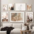 Пейзаж, постеры, золотисто-коричневая абстрактная стена, искусство на холсте, современная картина в скандинавском стиле, природный ландшафт, картины для гостиной, домашний дизайн