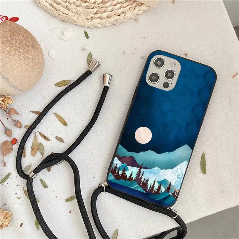 

Mountain Marble Moon Phone Case For iPhone 7 8 11 12 X XS XR MINI Pro Max Plus Strap Cord Chain Lanyard soft coque shell funda