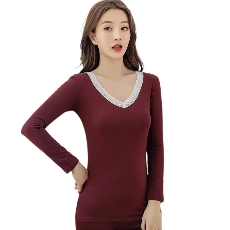 

New Autumn and Winter Thermal Suit Women's Lace V-neck Lycra Cotton Ladies Thin Thermal Underwear Autumn Clothing Long Pants
