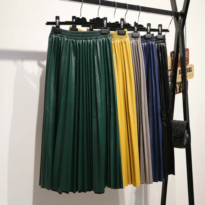 Женская плиссированная юбка из ПУ кожи длинная винтажная искусственной с