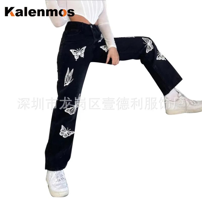

Denim Jeans Women Pants KALENMONS High Waist Washed Pocket Bleached Summer Casual Trousers 2021 Baggy Work Jean Women Vintage