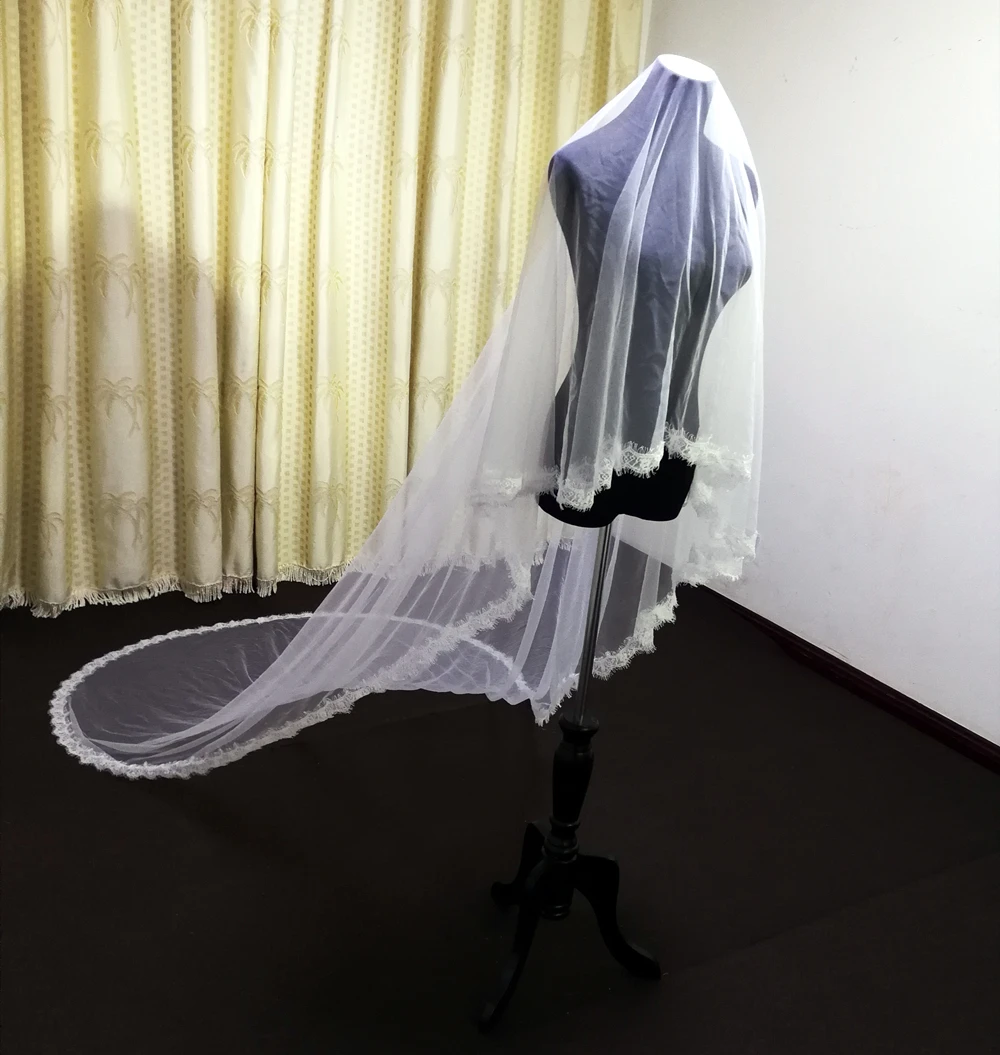 Однослойная кружевная свадебная вуаль с полными краями и ресницами 3 м 4 гребнем