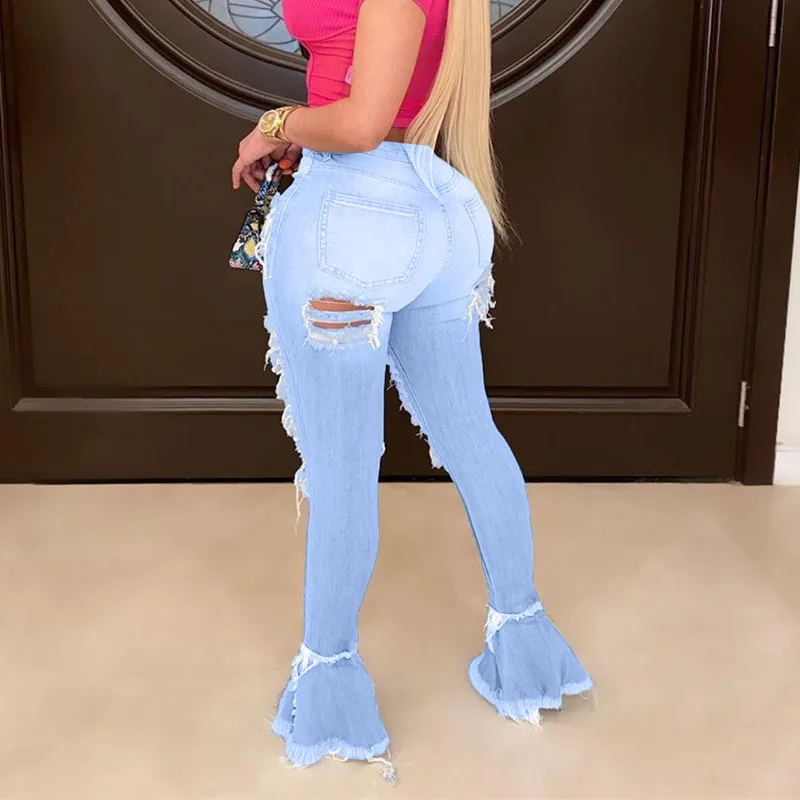 2021 Summer Denim Pants Women Camouflage Hole Jeans Ripped Flare Spliging Trousers Street Skinny High Waist Lady Pants 6 Colors