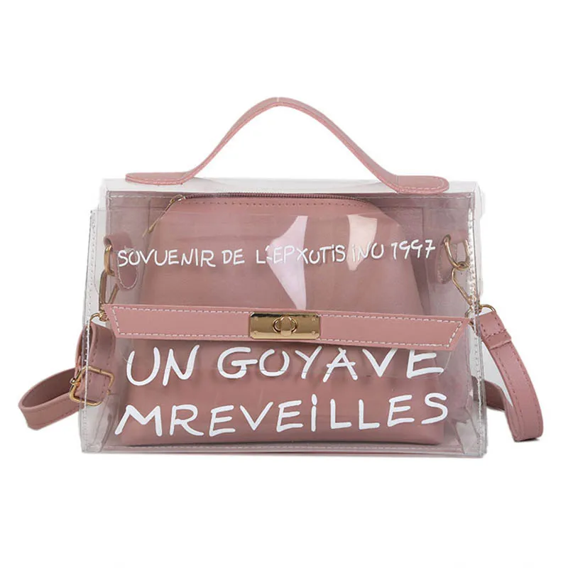 Розовый Women Composite Bags PVC Transparent Handbag Letters Printed PU Leather Purse Shoulder Bag-OPK - Цвет: Розовый