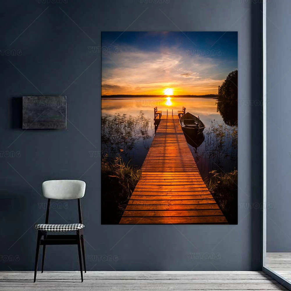 Закат над рыбацким Пирсом в Финляндии озеро фото крутой Настенный декор