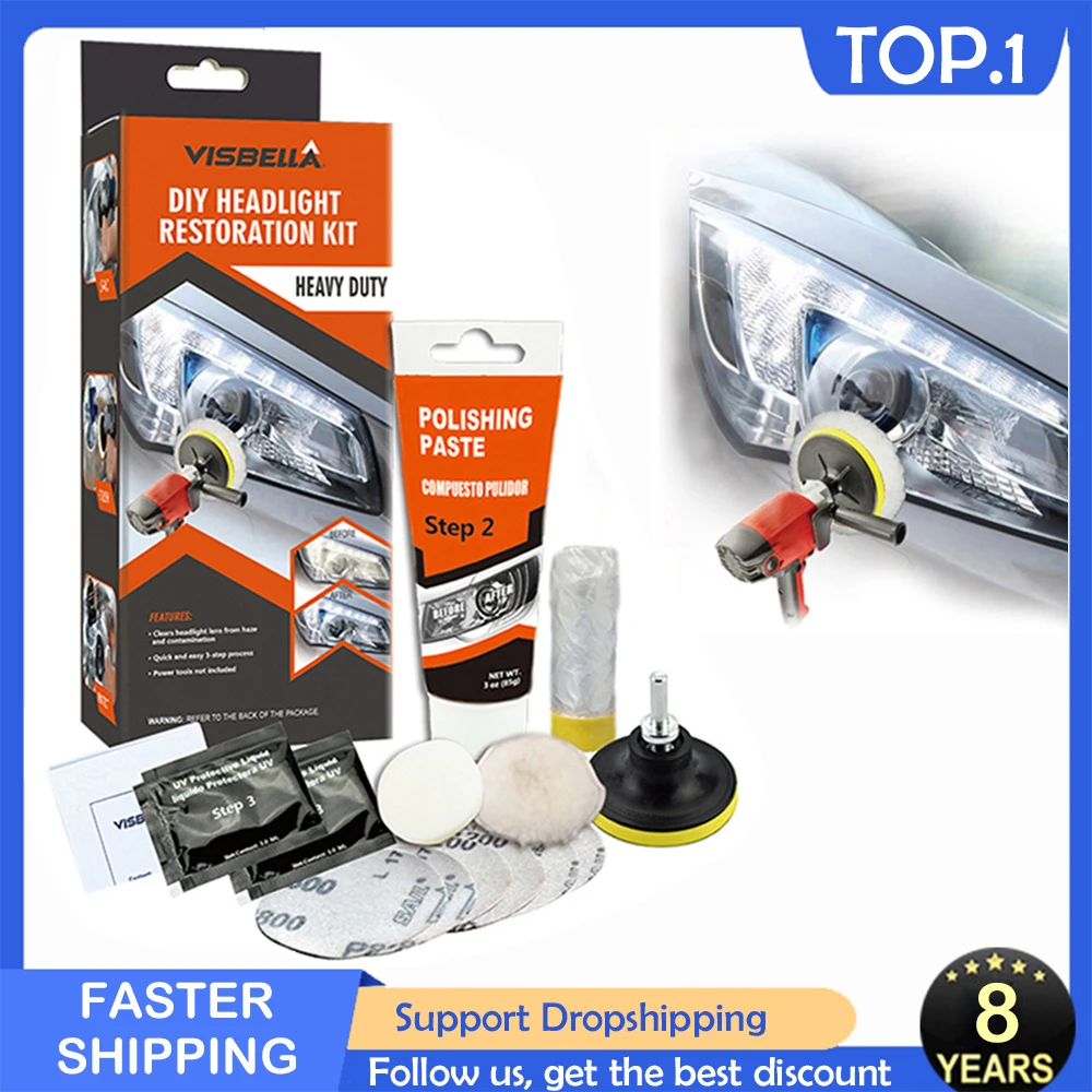 

VISBELLA Professional Headlight Restoration Kit DIY Headlamp Brightener Car Care Repair kit Head Lense Clean Polish by machine