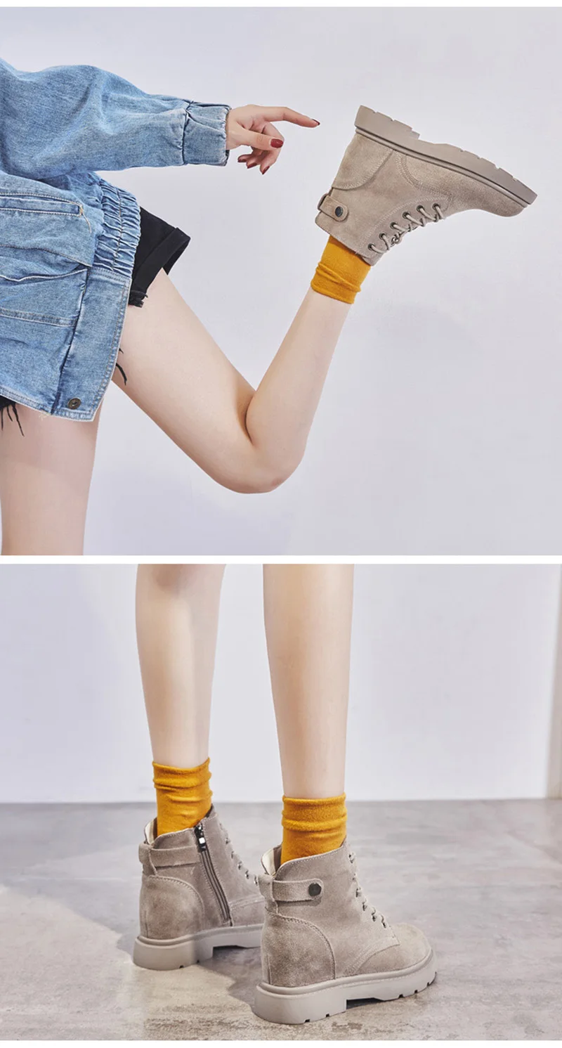Genuine Leather Shoes Women Boots Warm Shoes Cow Leather Women Ankle Boots Autumn Winter Footwear Height Increasing 6.5cm A1649