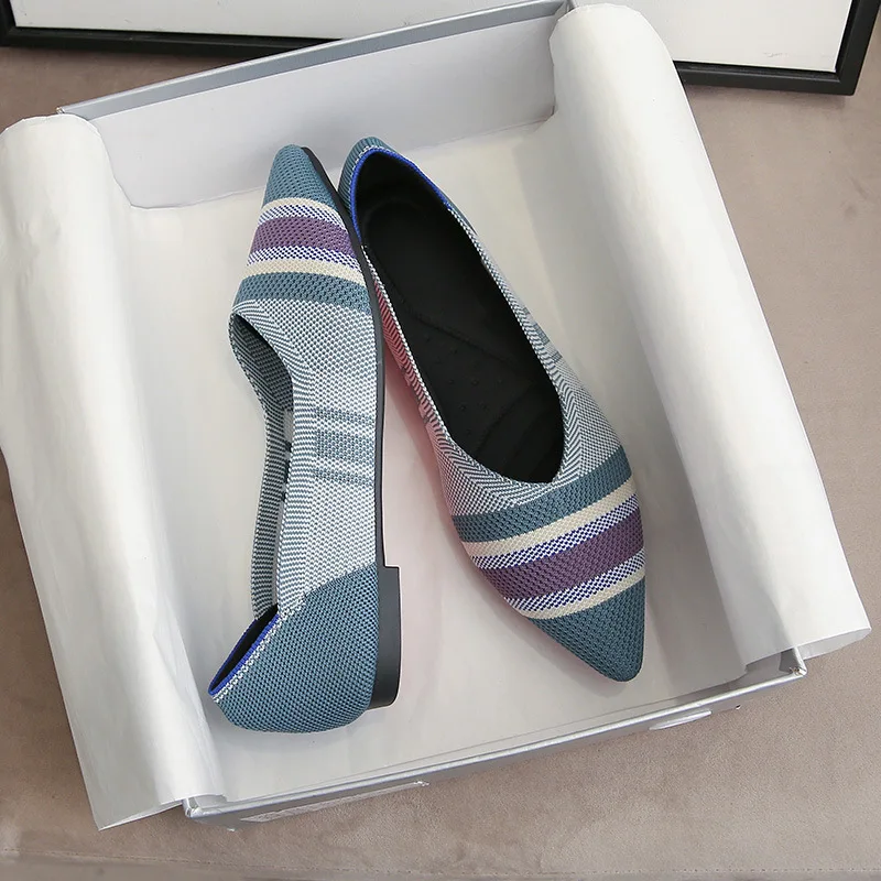 

All-Match Pointed Toe Shoes Woman Flats Soft Casual Female Sneakers Dress Summer Knitting Basic Checkered Faux Fur Fabric PU Lac