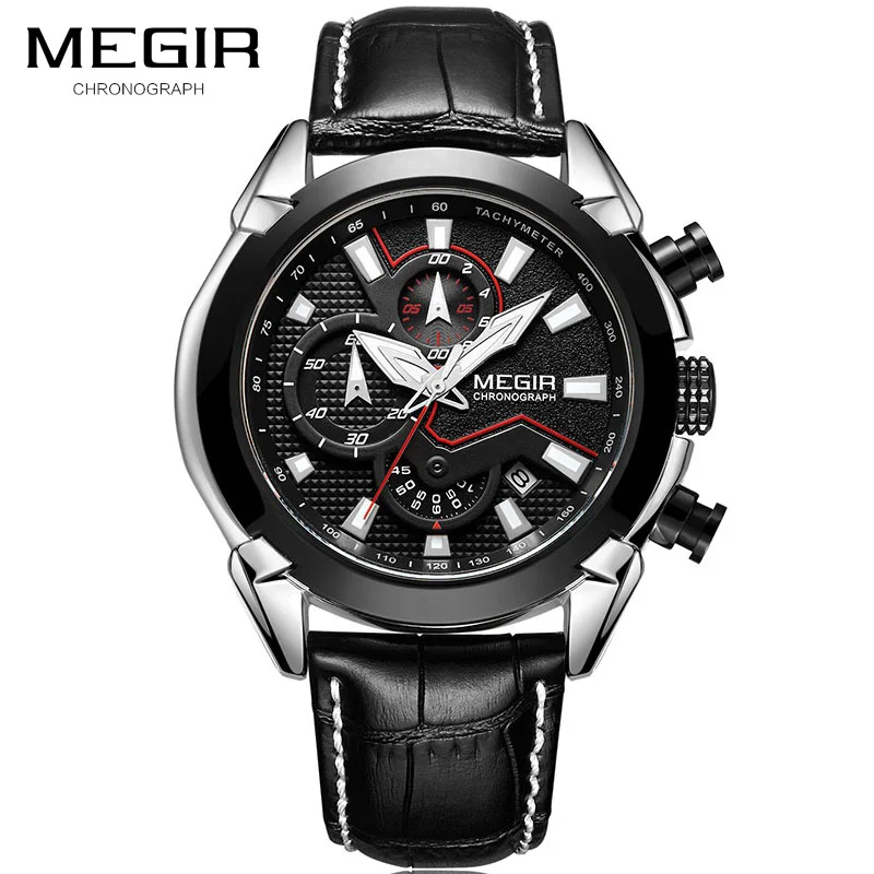 

MEGIR New Fashion Men Watches Analog Quartz Wristwatches 30M Waterproof Chronograph Sport Date Leather Band Watches montre homme