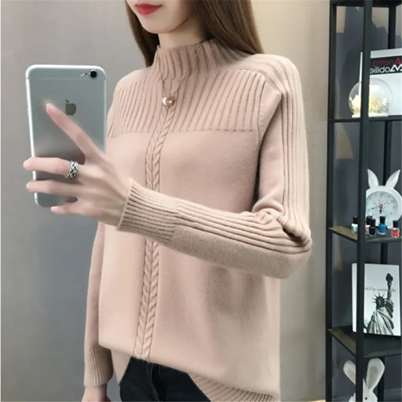 

Autumn Winter Half High Collar Knitted Sweater Women Short Pullover Jumpers Ladies Solid Color Half Turtleneck Knit Tops Female