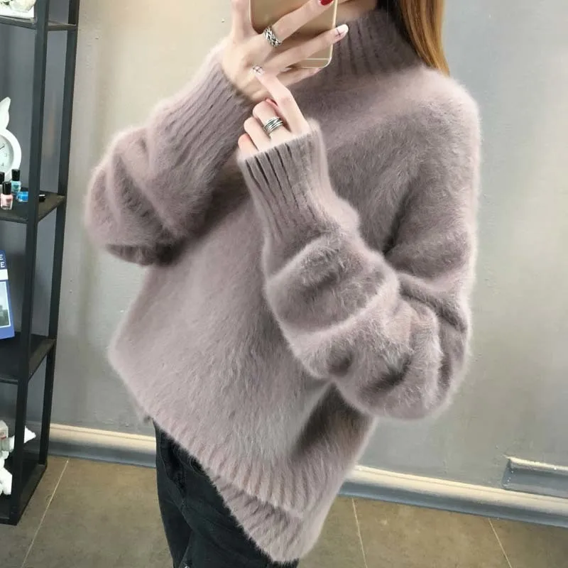 Winter Soft Warm Turtleneck Sweater Women Loose Pullover Imitation Mink Pullov Christmas Sweaters Thick Oversized | Женская одежда