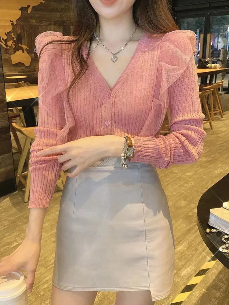 

Women 2022 Spring Autumn New Fashion Set Female Ruffle Knitwear Sweater Cardigan Coat + High Waist Mini Skirt Two-piece Sets P14