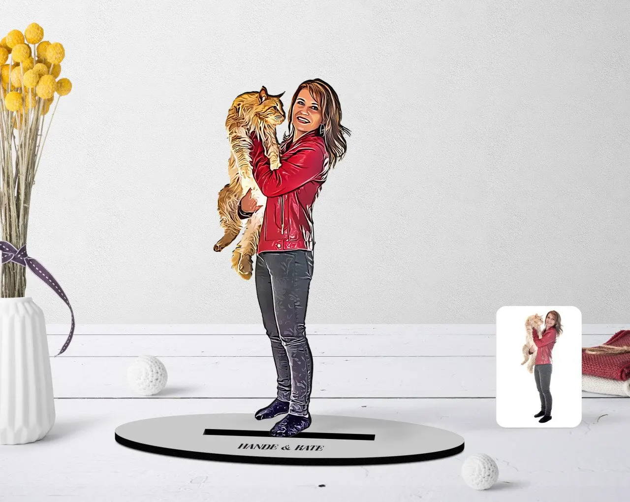 

Personalized Full Length Girl and Cat Caricature Of Wooden Trinket Model-1
