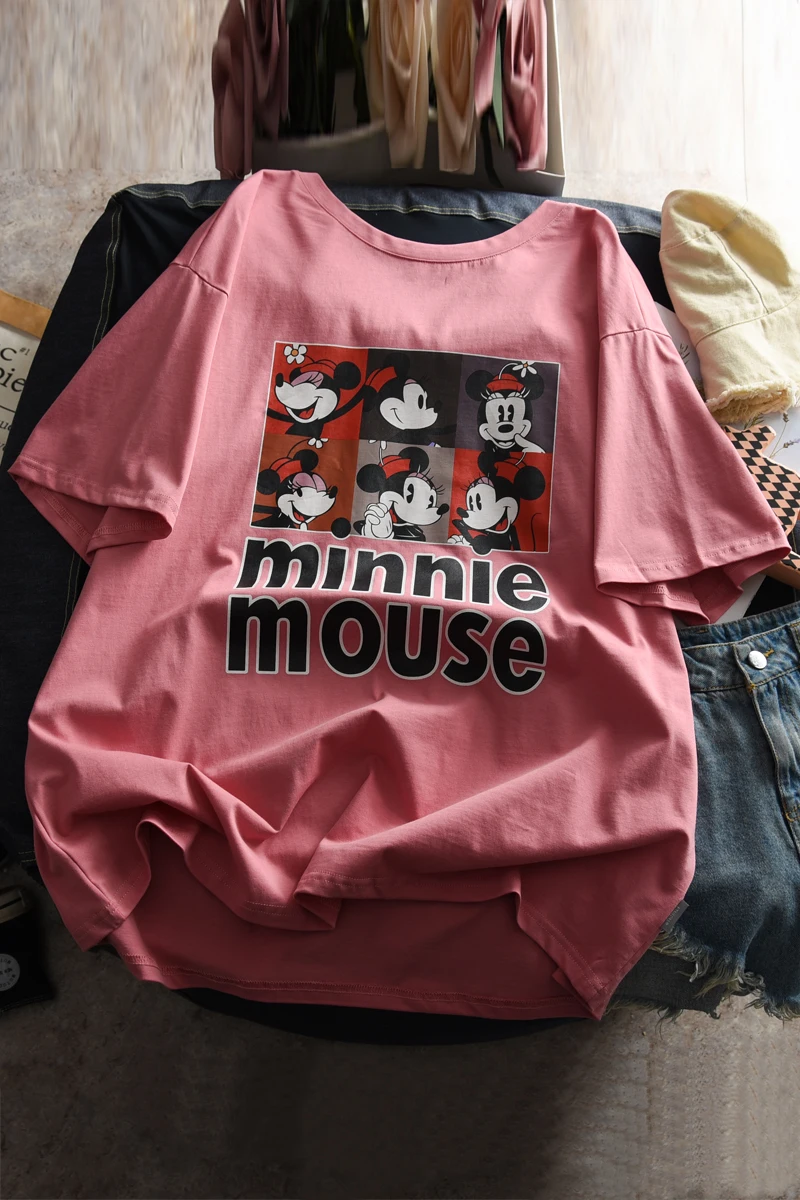 

Disney Minnie Mouse Women's Cartoon T-shirt Loose Casual O-Neck Korean Clothes Kawaii Harajuku Clothing Womens Long Sleeve Tops