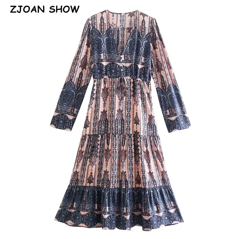 

2021 Bohemia Open Buttons V neck Totem Print Midi Dress Woman Tie Bow Adjust Slim Waist Long Sleeve Dresses BOHO Holiday Robe