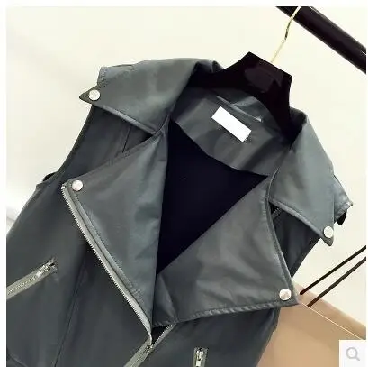 Женский кожаный жилет без рукавов из искусственной кожи с отложным воротником и