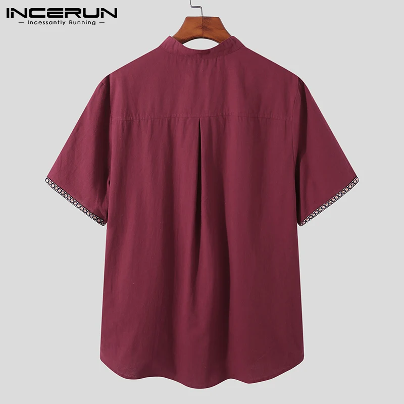 

INCERUN Chinese Style Men Shirt Stand Collar Vintage Embroidered Short Sleeve Casual Tops Streetwear Button Cotton Camisas 2021