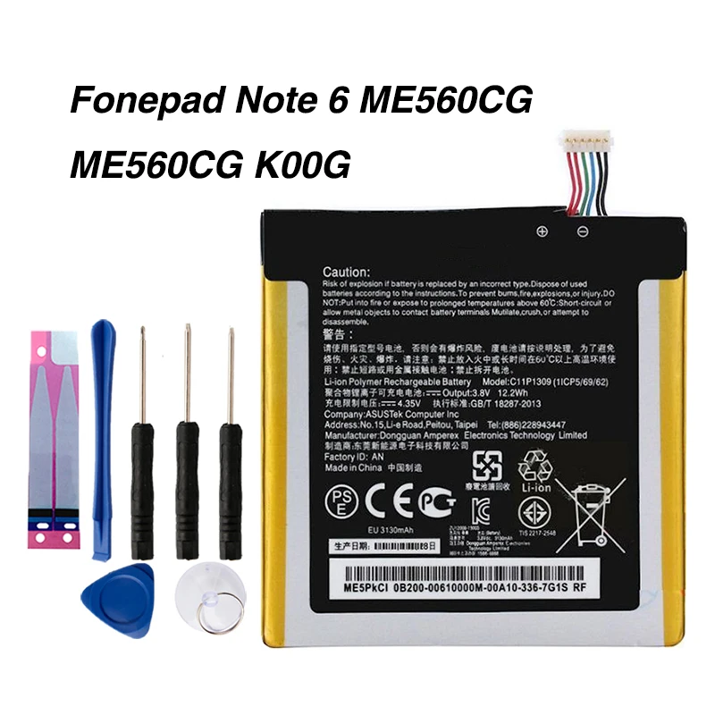 

Original Fonepad Note 6 Battery For ASUS Fonepad Note 6 FHD6 ME560CG ME560CG K00G 3130mAh C11P1309 with tool
