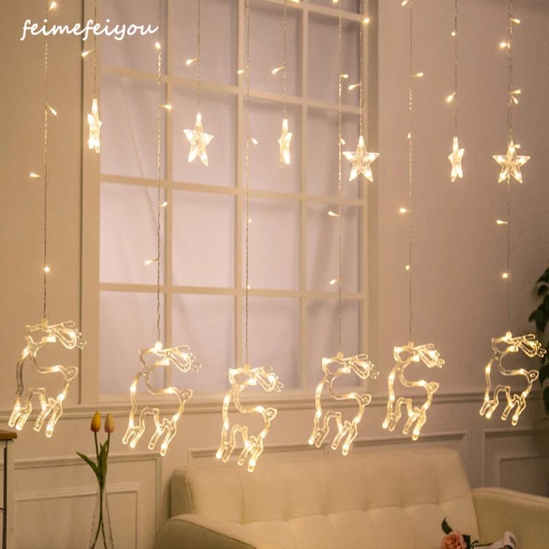 Светодиодный Лось Рождественская елка Стиль Фея светильник Рождество Шторы s