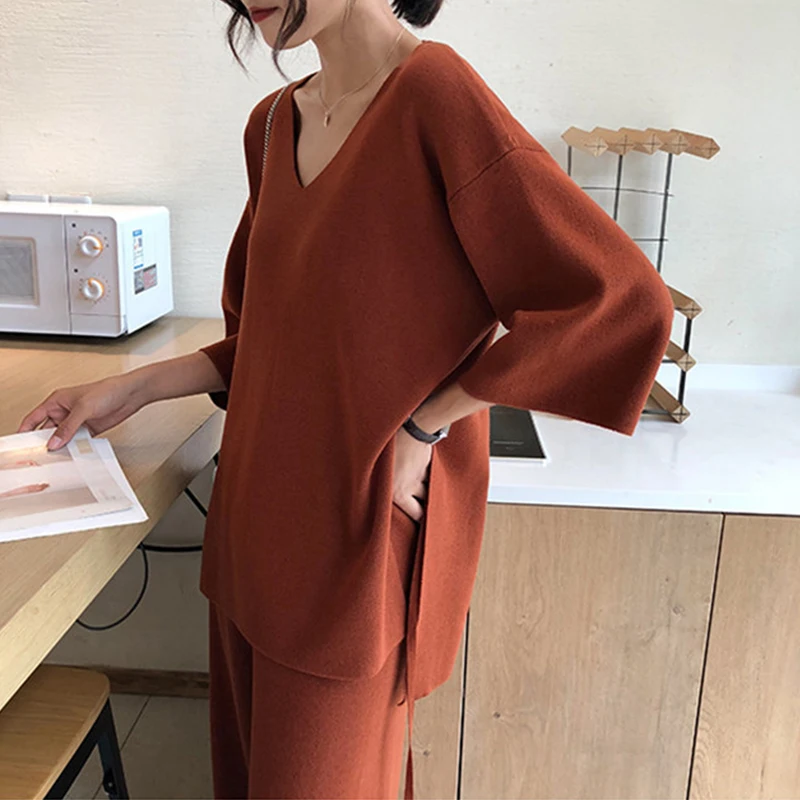 

Autumn Winter Outfits Knitted 2 Pieces Set Women V Neck Sweater Pullover + Wide Leg Long Pant Set Trousers Womens Suit Tracksuit