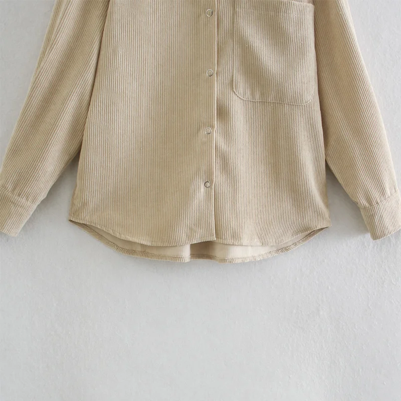 

Spring and Autumn Women's Casual Solid Color Lapel Long Sleeve Pocket Decorative Corduroy Shirt