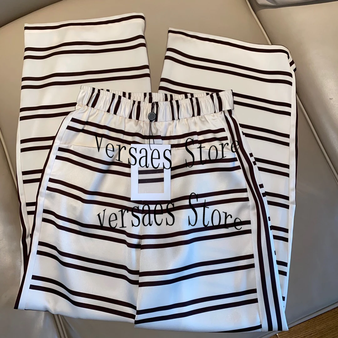 

21 luxury brand color matching stripe printing fashion women's trousers versatile high waist elastic casual pants wide leg pants
