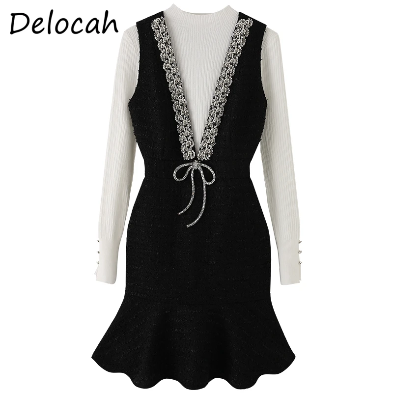 

Delocah Women Summer Fashion Runway2 PiecesSet Long Sleeve Loose Sweaters + Sleeveless Slim Mermaid Dresses Two PiecesSuits