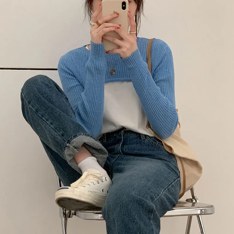 5 цветов 2020 корейский стиль Осень однотонный вязаный свитер женские короткие