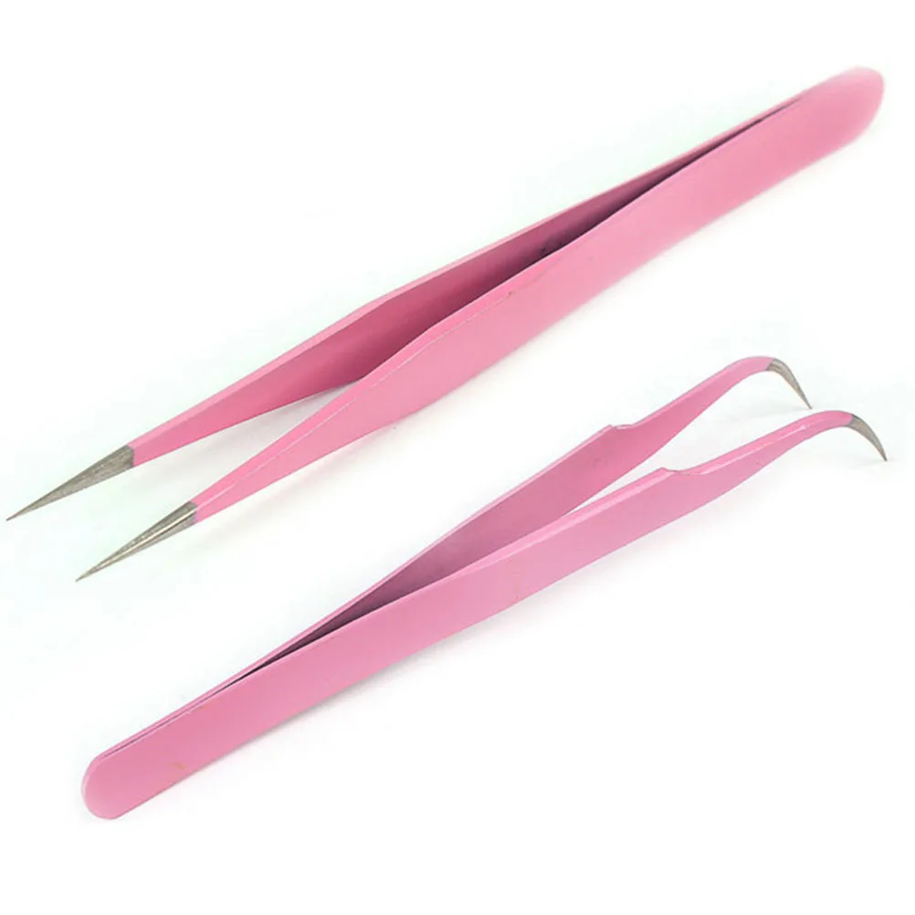 2PCS Pink Straight &amp Curved Nail Art Nippers Tweezer For Eyelash Extensions |