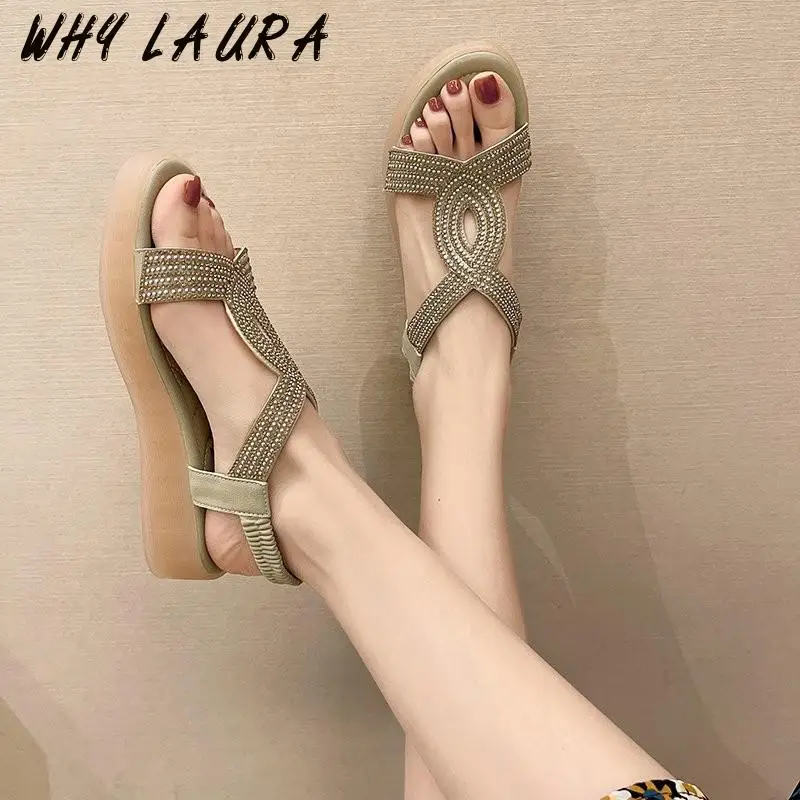 

Ladies Sandals New Summer Shoes Ladies Diamond Women Casual PU Leather Comfortable Retro Outwear Beach Sandals